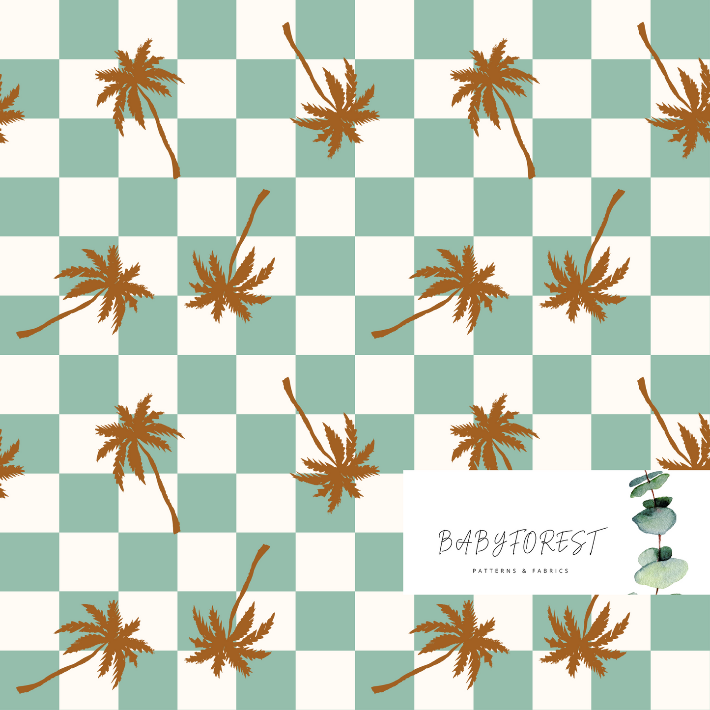 Brown Palms on checks Seamless Pattern