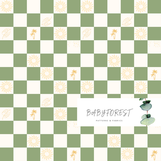 Green checkered sun seamless pattern