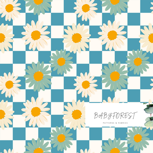Blue teal checks and florals seamless pattern
