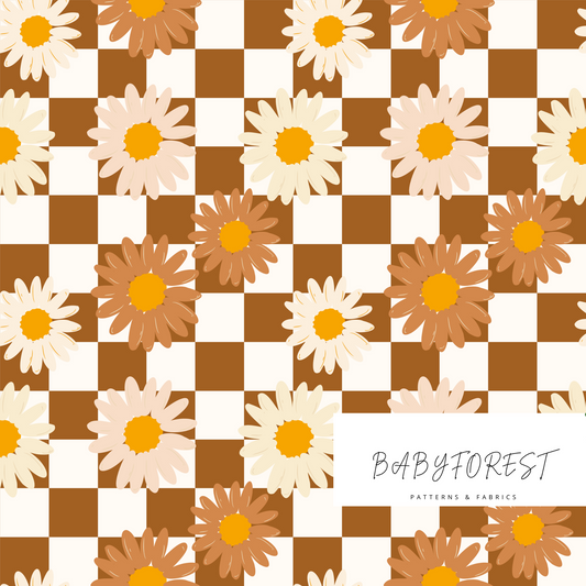 Brown Check with brown florals seamless pattern