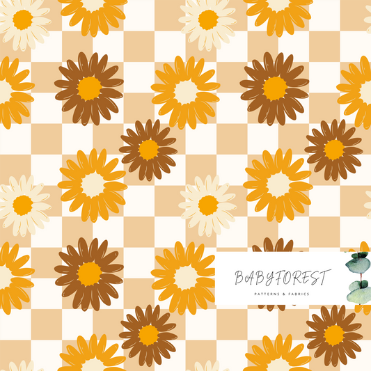 Latte check with mustard florals seamless pattern