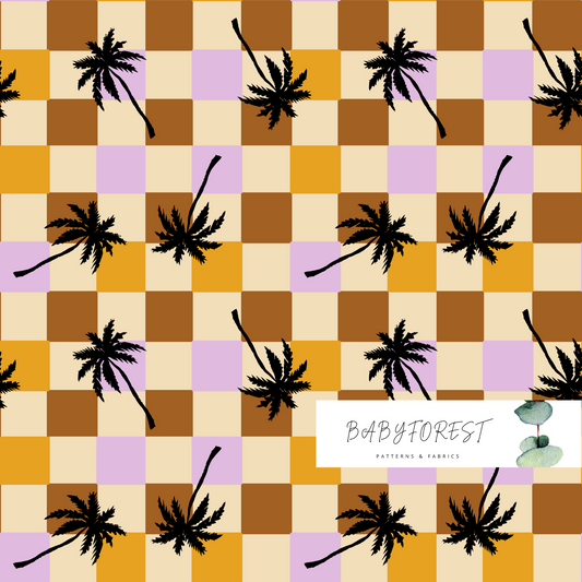 Black Palms on purple checks Seamless Pattern