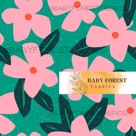 Pink dotted florals on green