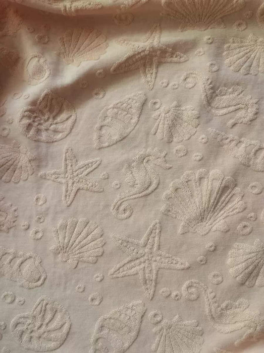 Light peach sea life -Jacquard cotton terry towel fabric retail