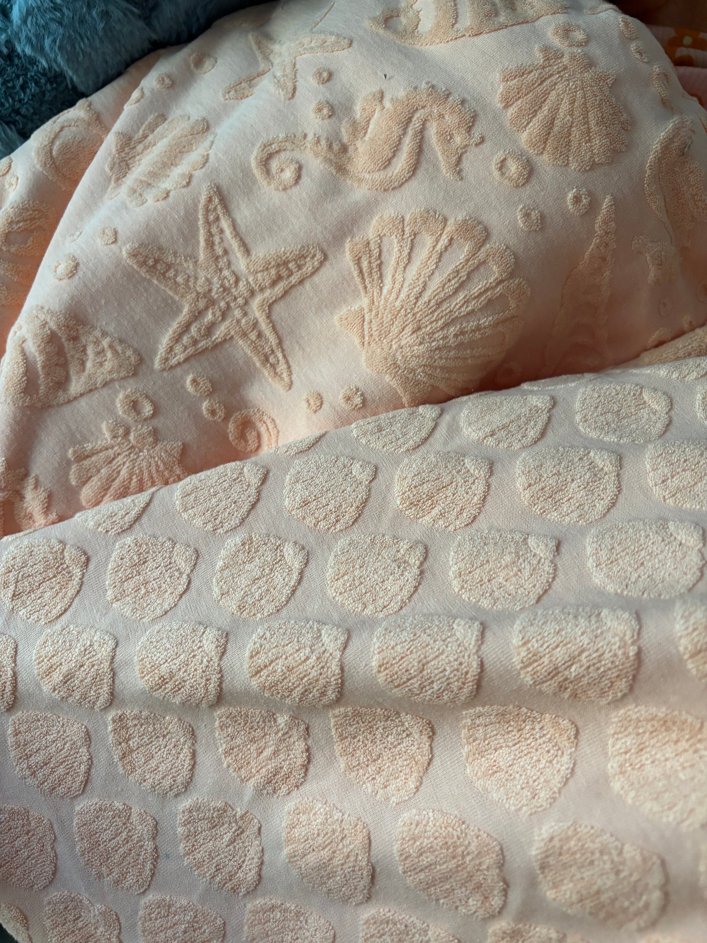 Light peach sea life -Jacquard cotton terry towel fabric retail