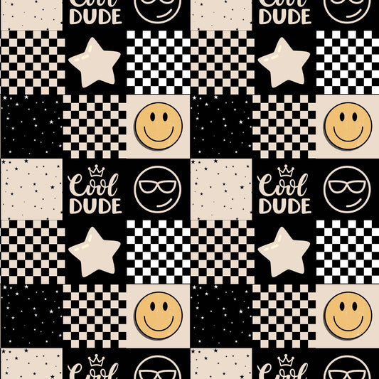 Black smiley check 2x2 inch squares , Standard French Terry