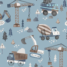 Load image into Gallery viewer, Diggers and cranes on blue
