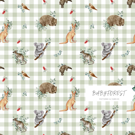 Aussie animals on soft sage gingahm: Australian Animals Fabric