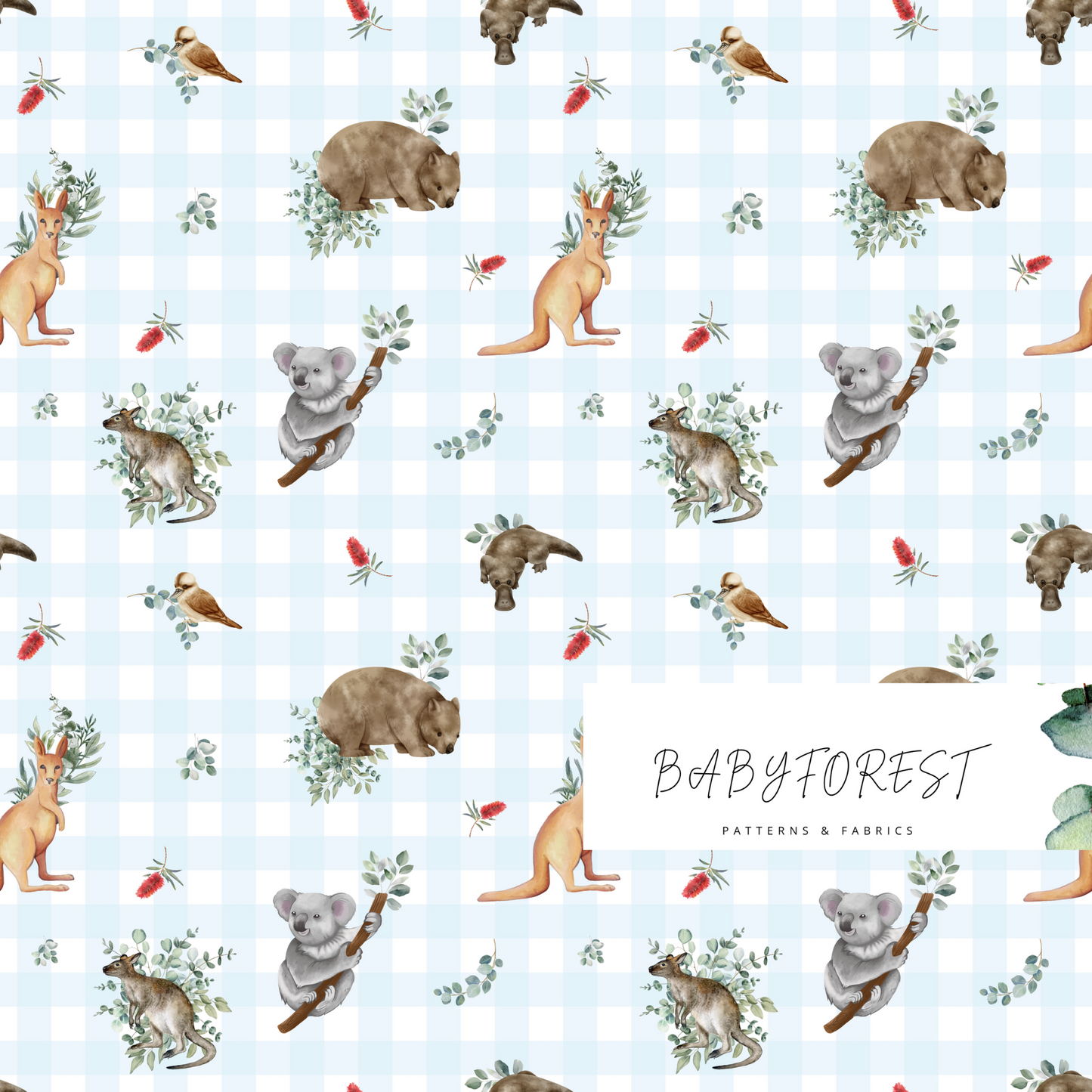 Aussie Animals on Blue Gingham: Australian Animals Fabric