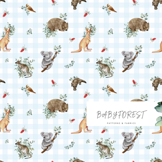 Aussie Animals on Blue Gingham: Australian Animals Fabric