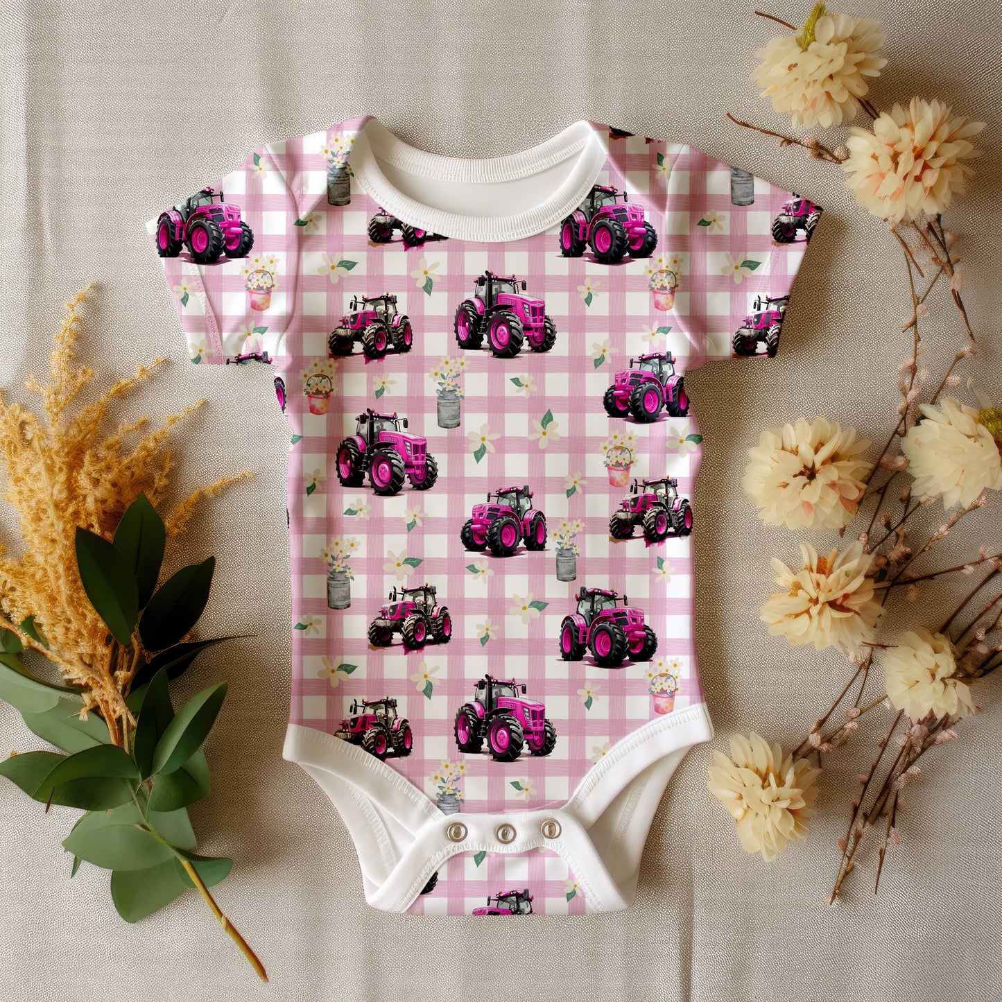 Pink tractor gingham